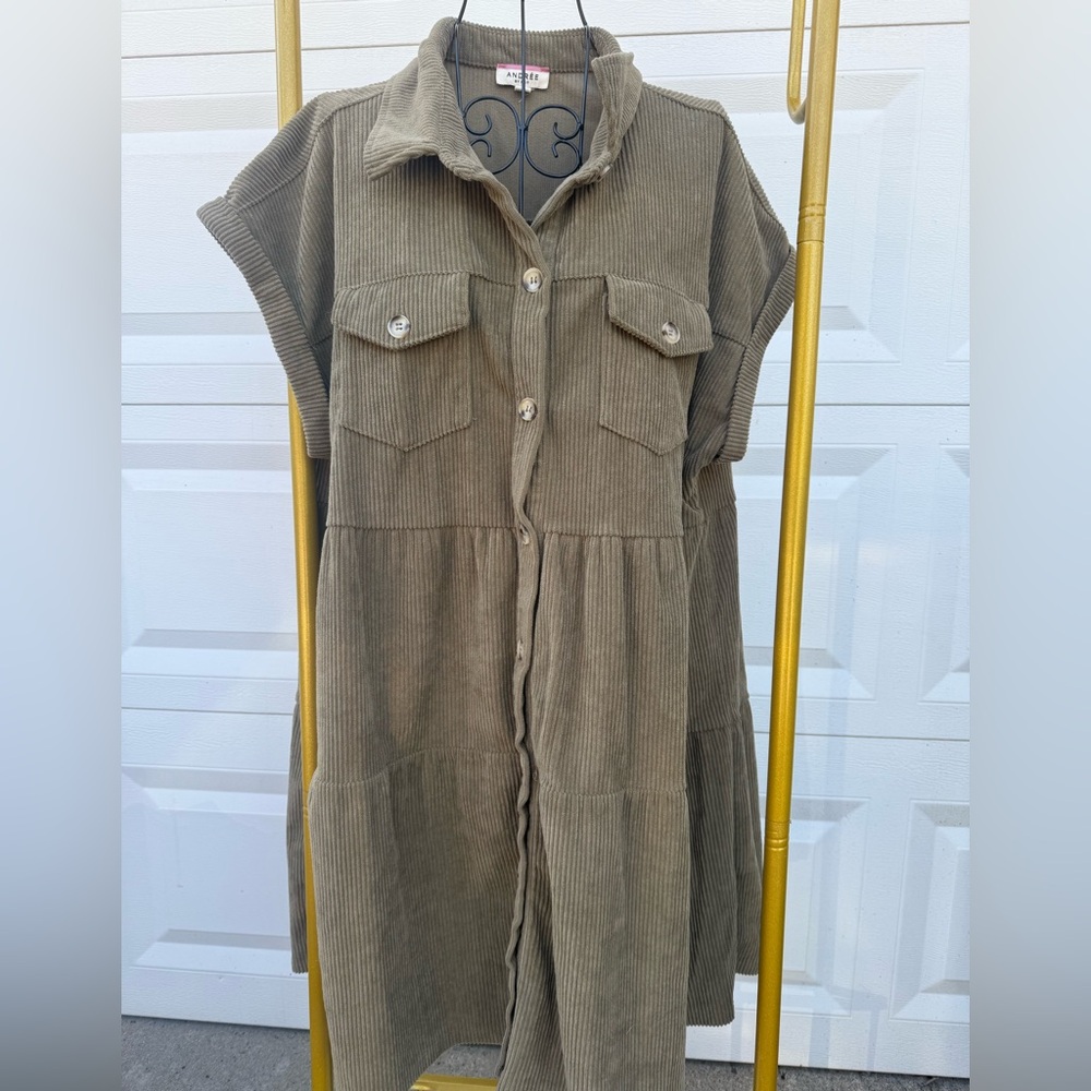 Olive Green Corduroy Shirt Dress